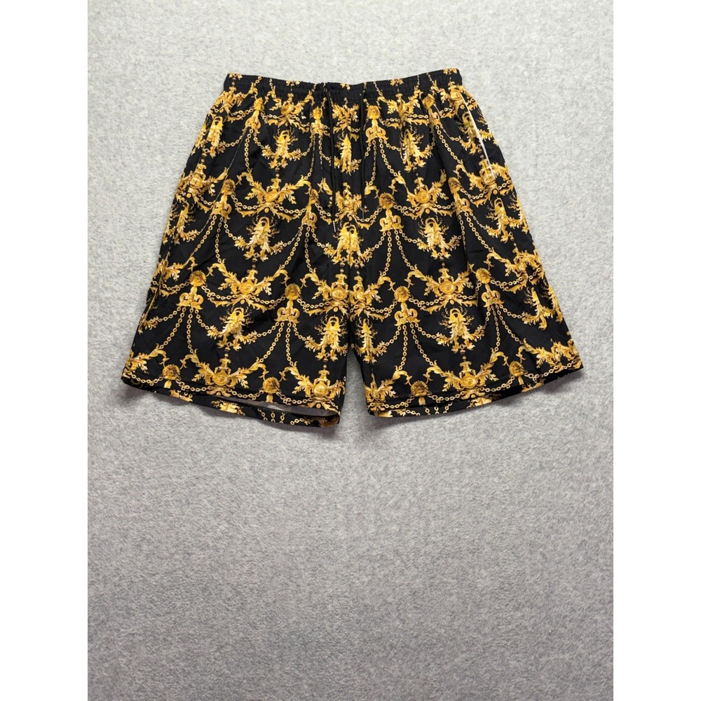 Baroque Print Swim Trunks Black Gold Chain Mesh Lined Shorts XL